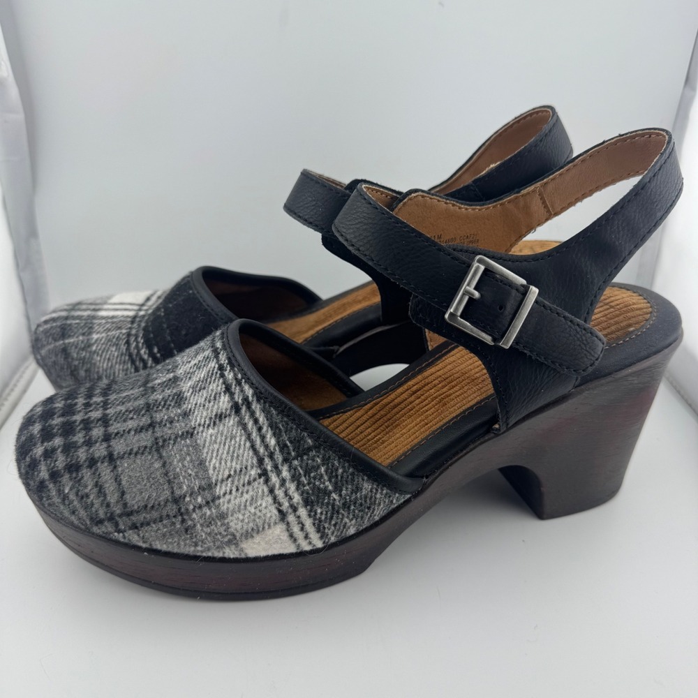 B.O.C. Plaid Slingback Clogs 11 Black White Excellent Block Heel BC0014800